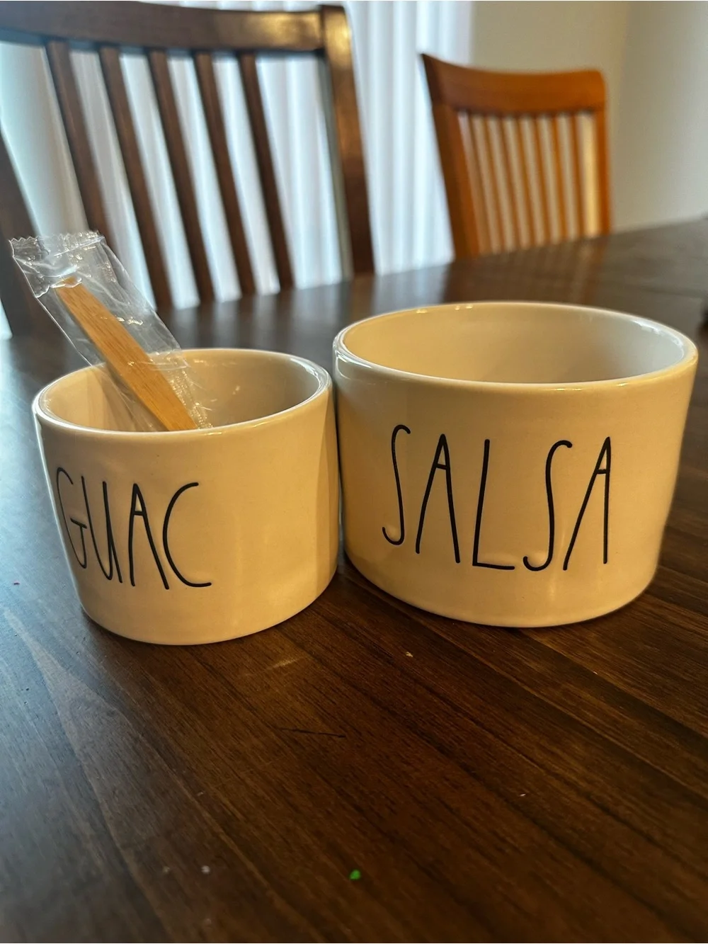 White Ceramic Guac & Salsa Serving Bowl Set with Wooden Spoon